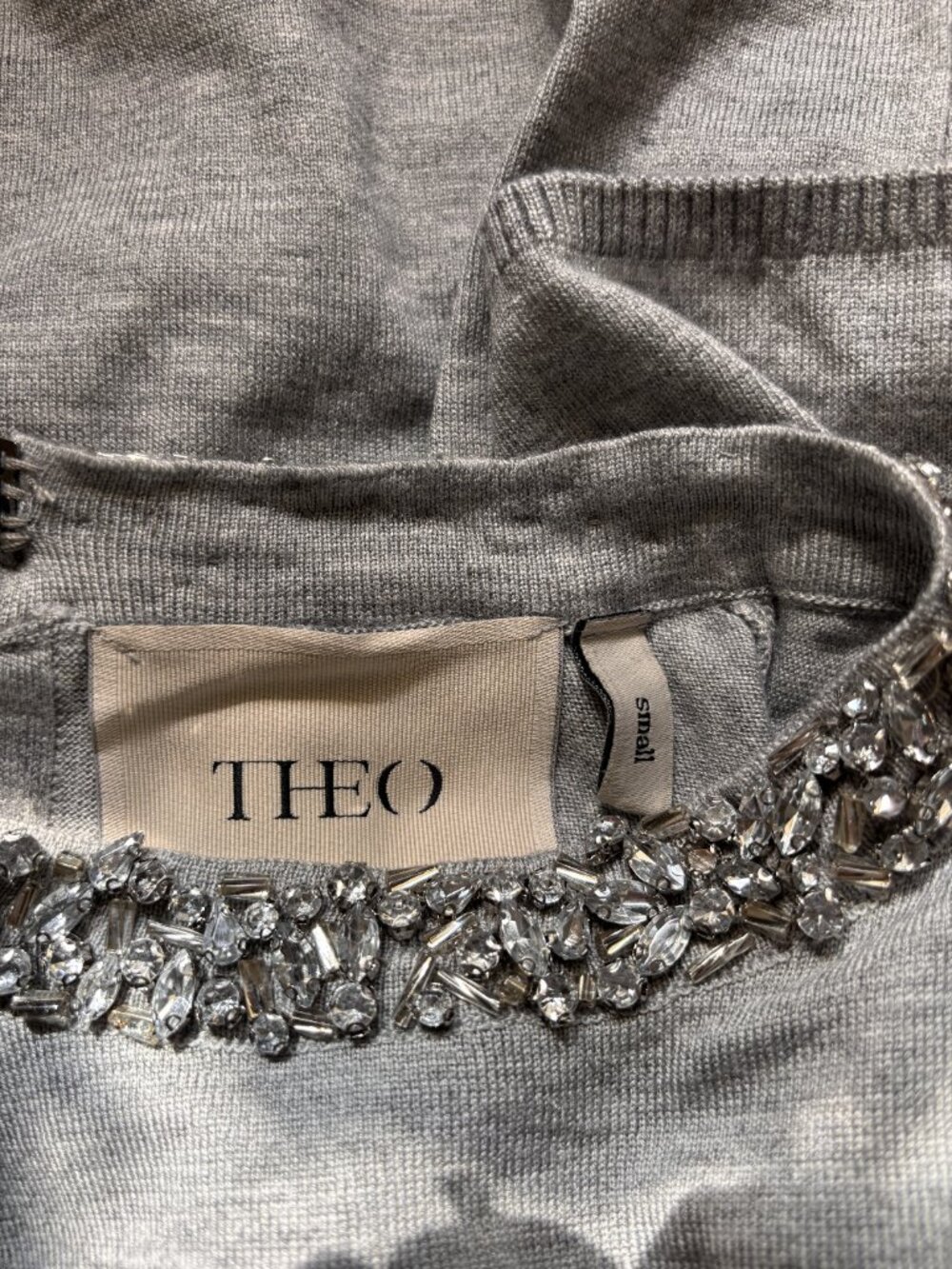 THEO Vegan Cashmere Gray Embellished Neck Knit Top Small - Picture 5 of 6